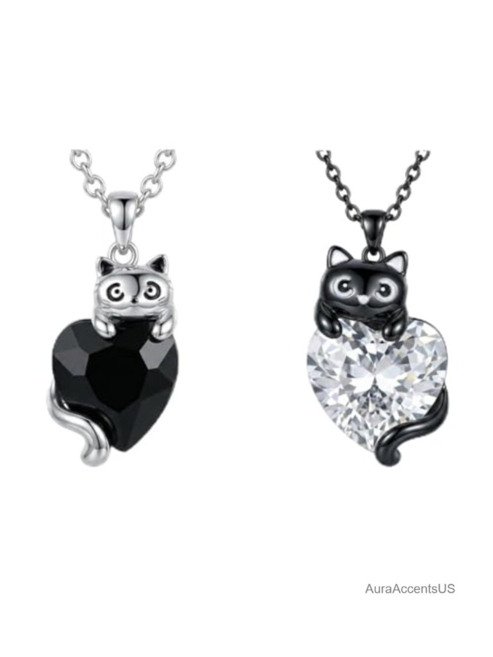 Crystal Cat Couple Necklace Stainless Steel Chain Matching Heart Pendant Gift